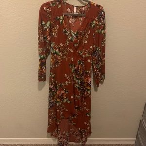 Fall Floral High-Low Wrap Dress - Small